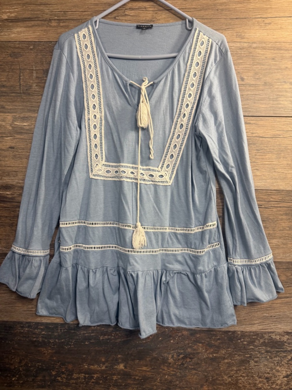 Hannah Light Blue Lace-Trim Peasant Blouse